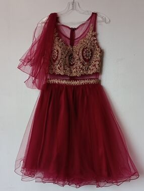 La Merchandises Beautiful Party Dress in Deep Wine and Gold Trim